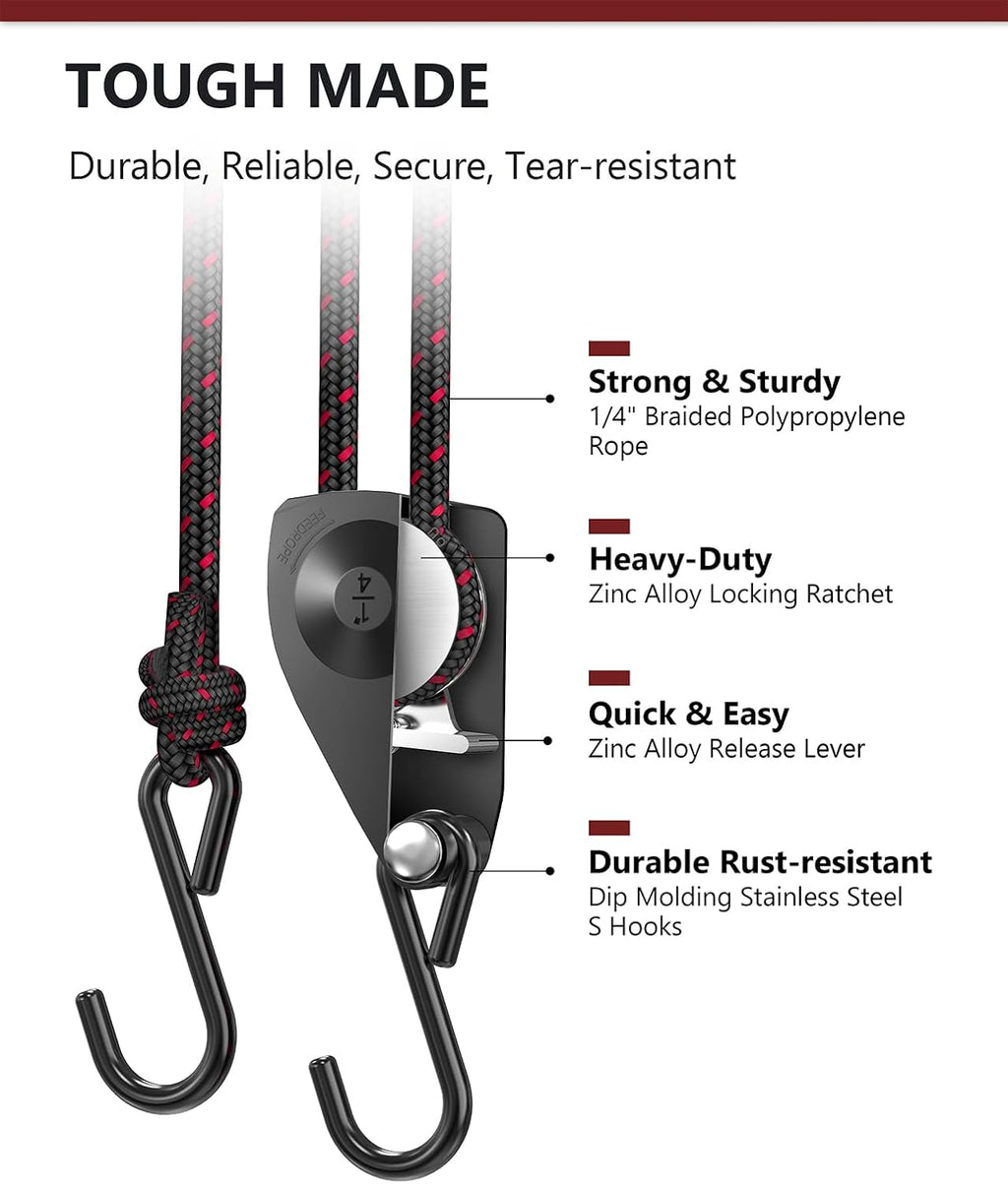 VIPARSPECTRA Ratchet Tie Down Straps, 1/4" Adjustable Rope Hangers 4 Pack, 12FT Tie-Down