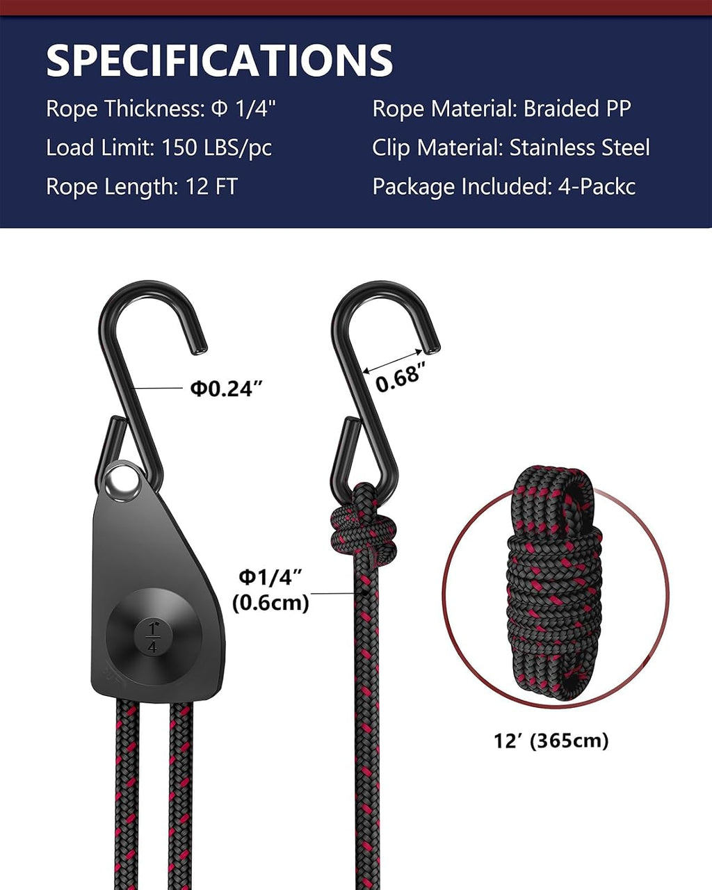 VIPARSPECTRA Ratchet Tie Down Straps, 1/4" Adjustable Rope Hangers 4 Pack, 12FT Tie-Down
