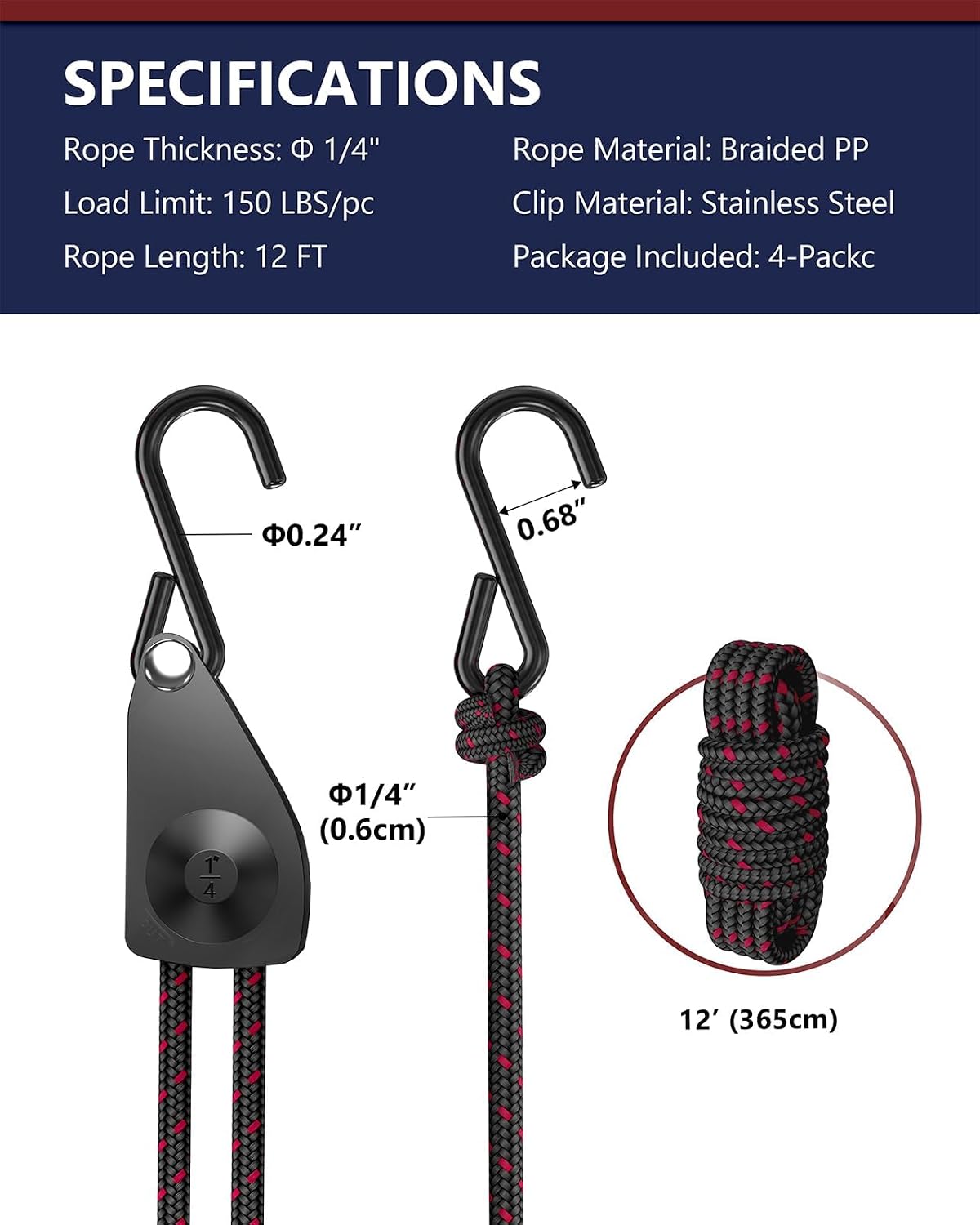 VIPARSPECTRA Ratchet Tie Down Straps, 1/4" Adjustable Rope Hangers 4 Pack, 12FT Tie-Down